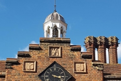 Clock and Chapel bell tower with original plaques displaying George Abbot’s initials and coat of arms